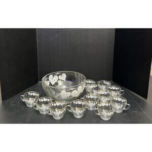 Anchor Hocking 76 Grape Clear Punch Bowl (11) Cups Set Vintage White Gold Trim